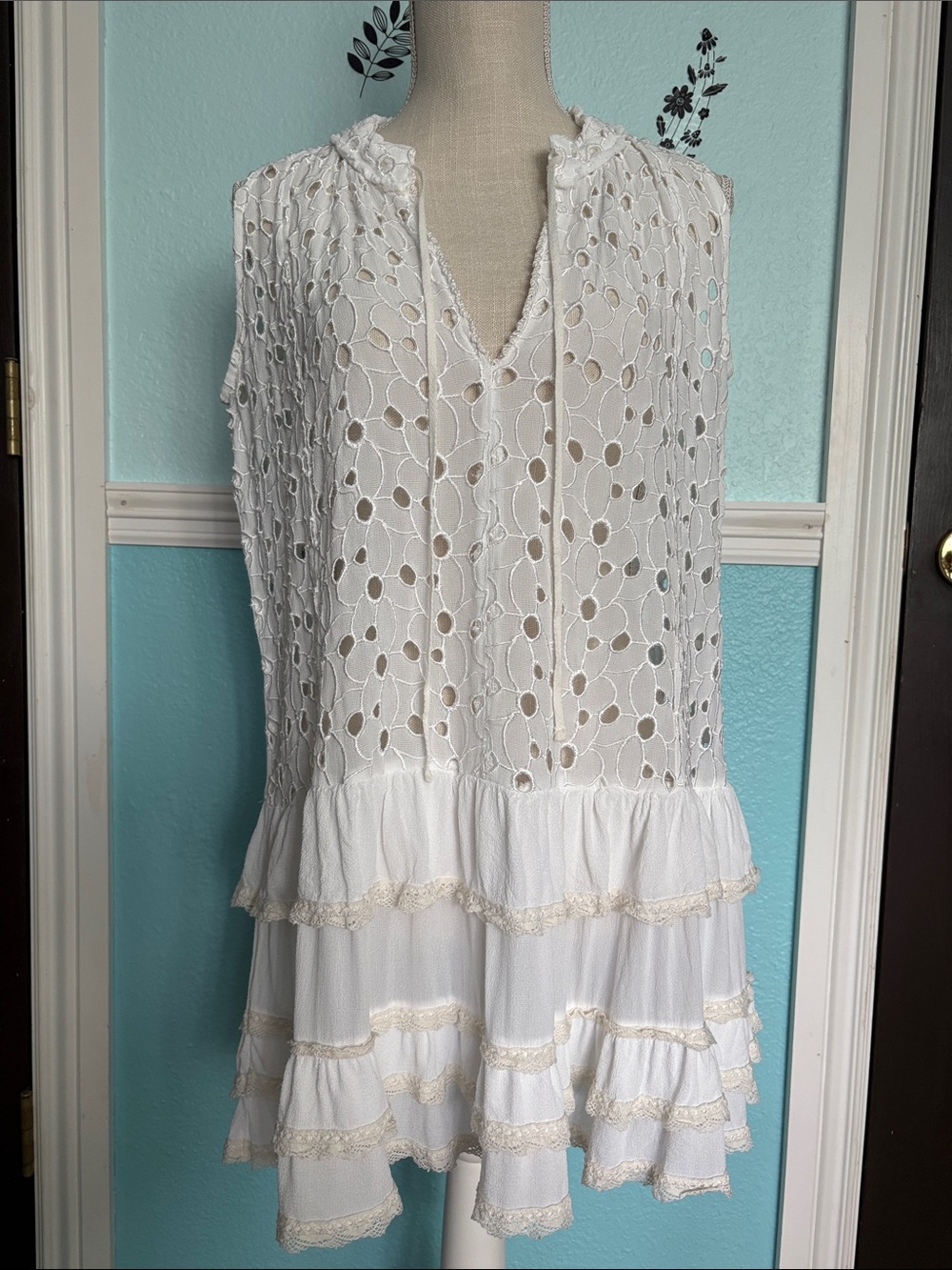 SUNDAY TROPEZ White Eyelet Tiered Ruffle Sleeveless dress.